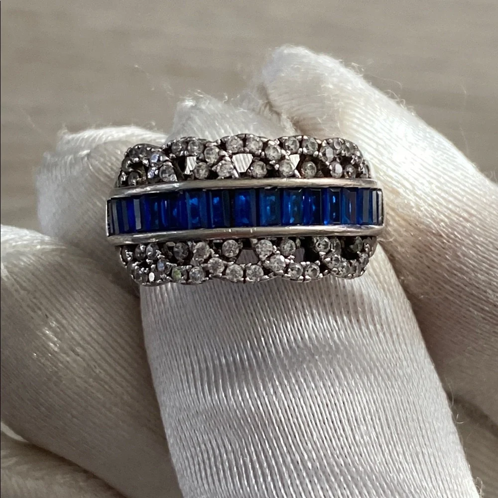 18K White Gold Plated Lab Blue Sapphire & 1/4 TCW Diamond Filigree Ring Sz 7